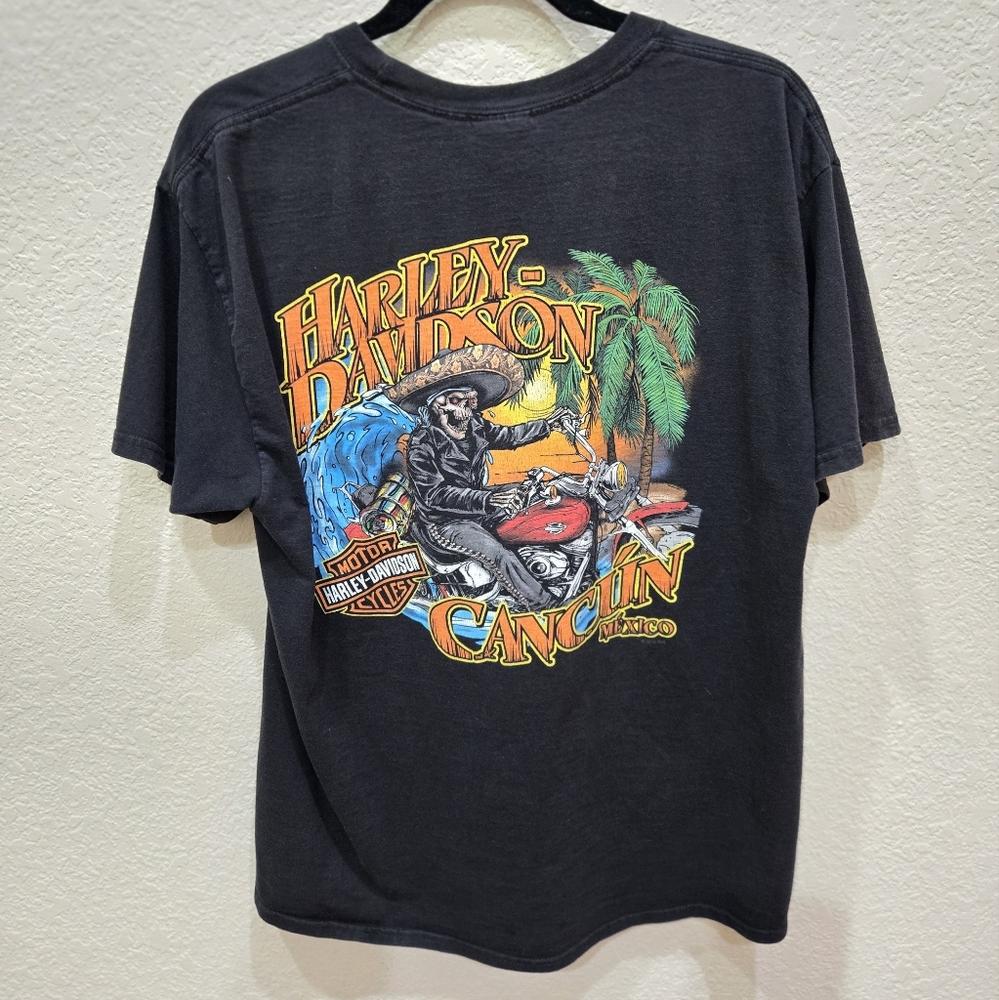 Harley-Davidson Black Short Sleeve Aviator Skull Tee Cancun Mexico  Size Large